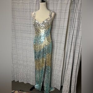 Primavera Couture Sequin Prom Dress in Silver and Gold
